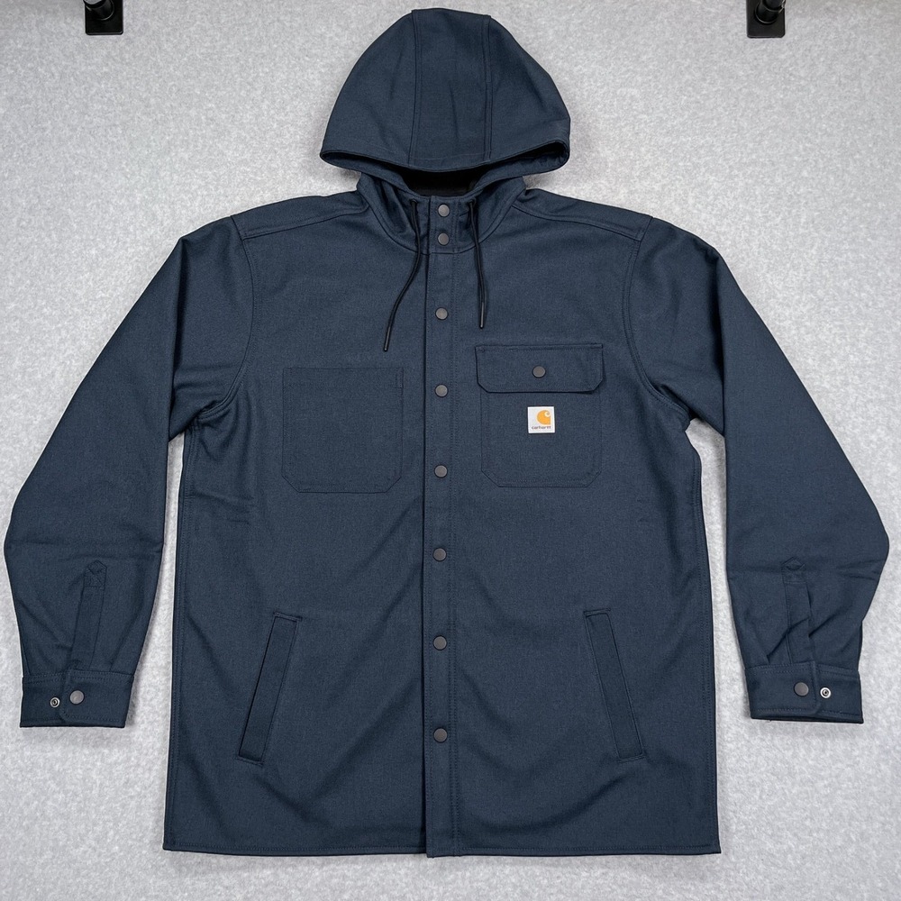 Carhartt Rain Defender Hooded Shirt Jac Mens L Navy Blue Fleece Lined Shacket - Picture 2 of 14